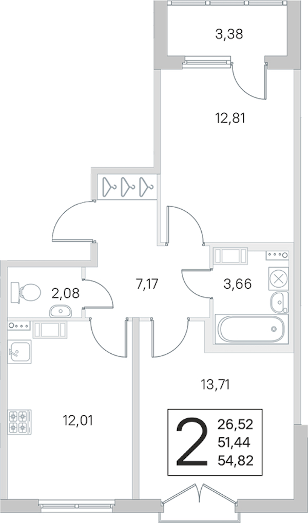 2-комнатная квартира 51.44 м², 3/4 эт., ЖК «Любоград в Стрельне»